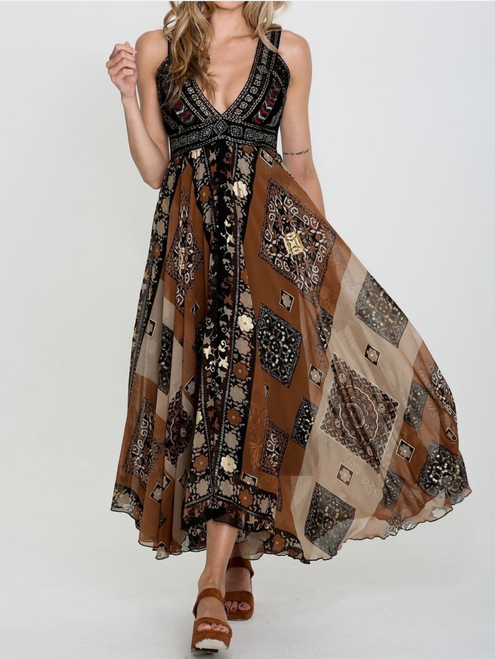 Anthropologie Raga Shenia Embroidered Maxi Dress Sz M Black Brown Flowy Boho